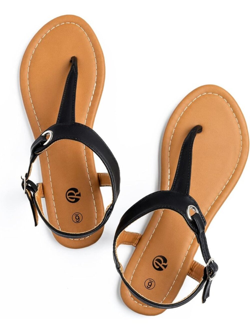 Women's Black1 Leather Adjustable Ankle Buckle with T-Strap Flats Thong Sandals